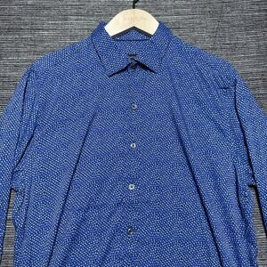 Bugatchi Shirt Men's Large Blue Geometric Long Sleeve Button Up Shaped Fit
